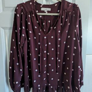 Loft Burgundy and Light Pink Polka Dot Peplum Top